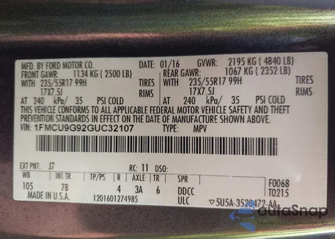 2016 Ford Escape Se z USA, uszkodzony, nr VIN 1FMCU9G92GUC32107